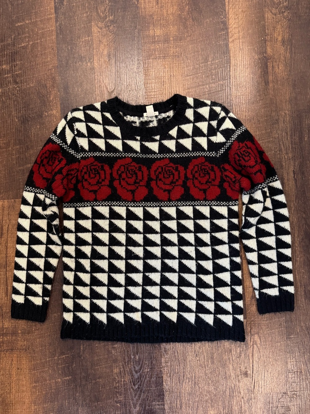 Forever21 black and white print with red florals crew neck fuzzy sweater